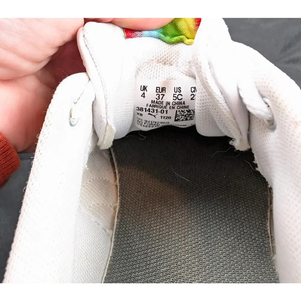 Puma 6.5 Women's / 5 Girls Shoes White w Rainbow Tag and Stripes